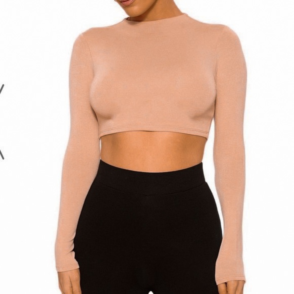 Naked Wardrobe Crewneck Long Sleeve Crop Top in peach nude